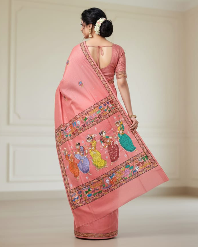 Peach Dancer And Musical Instruments Theme Pattachitra Khadi Silk Saree