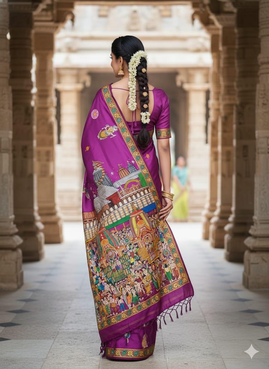 Purple Ratha Yatra Theme Pattachitra Silk Saree