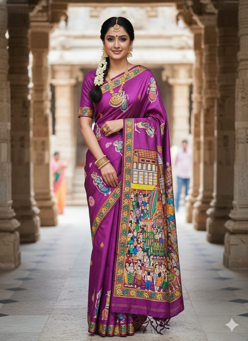 Purple Ratha Yatra Theme Pattachitra Silk Saree