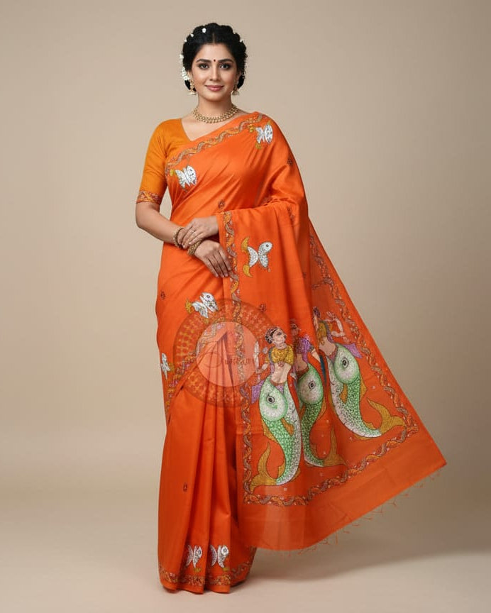 Orange Mastya Kanya Theme Pattachitra Khadi Silk Saree