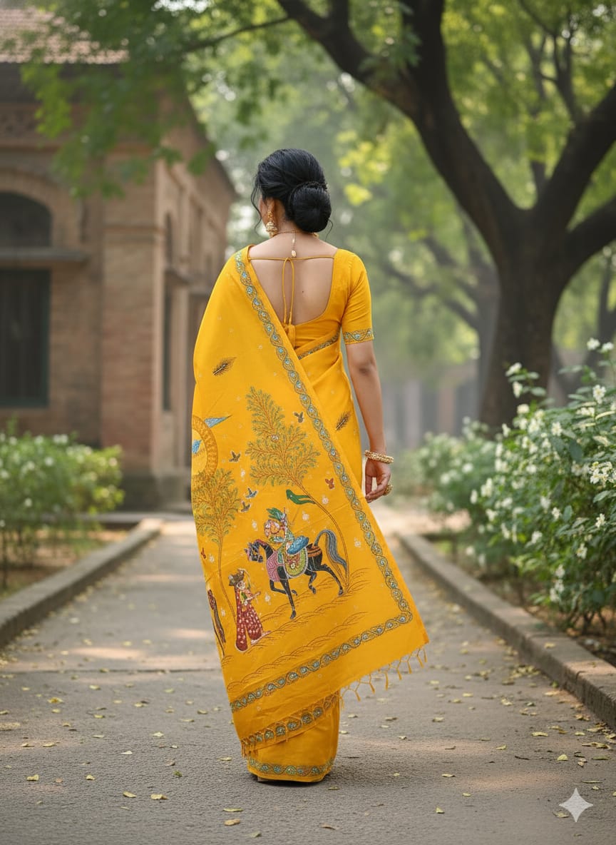 Yellow Kanchi Abhiyan Theme Pattachitra Khadi Silk Saree