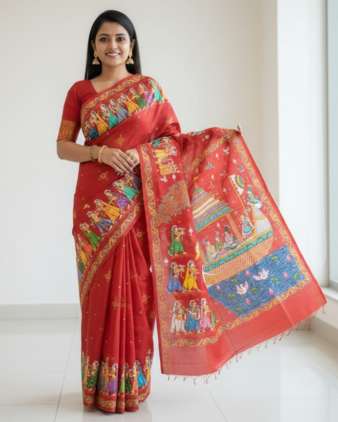 Red Boita Bandan Theme Pattachitra Khadi Silk Saree