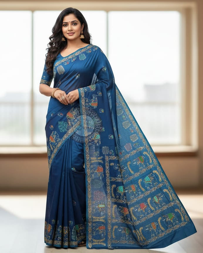 Teal Blue Elephant Theme Pattachitra Khadi Silk Saree
