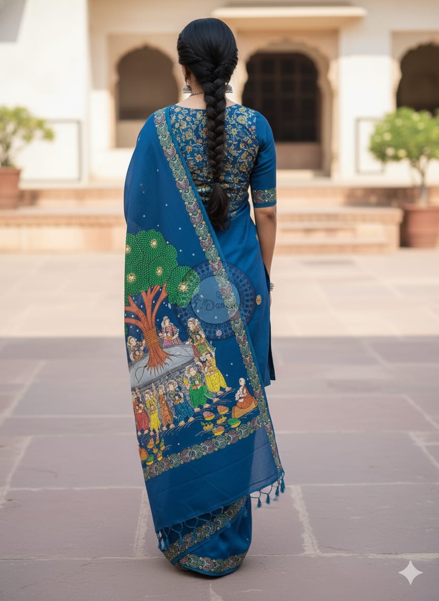 Teal Blue Bata Sabitri Theme Pattachitra Khadi Silk Saree