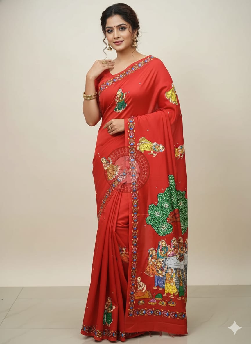 Red Bata Sabitri Theme Pattachitra Khadi Silk Saree