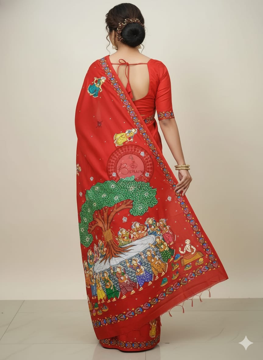 Red Bata Sabitri Theme Pattachitra Khadi Silk Saree