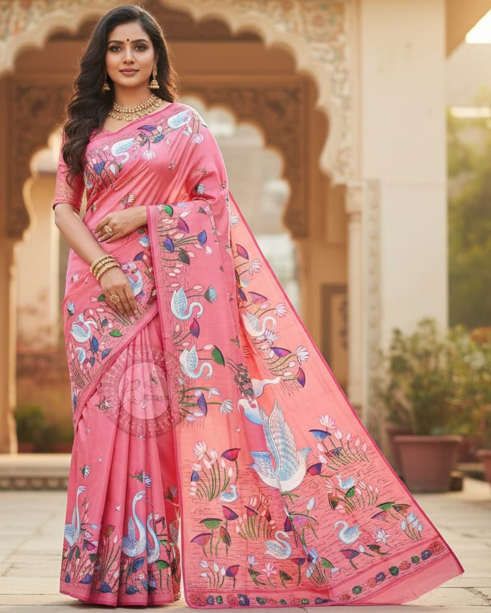 Pink Water Lily And Swan Theme Pattachitra Khadi Silk Saree