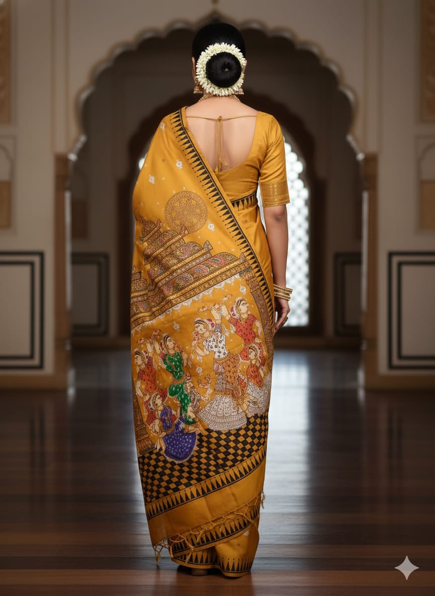 Yellow Konark Temple And Dancer Theme Pattachitra Khadi Silk Saree