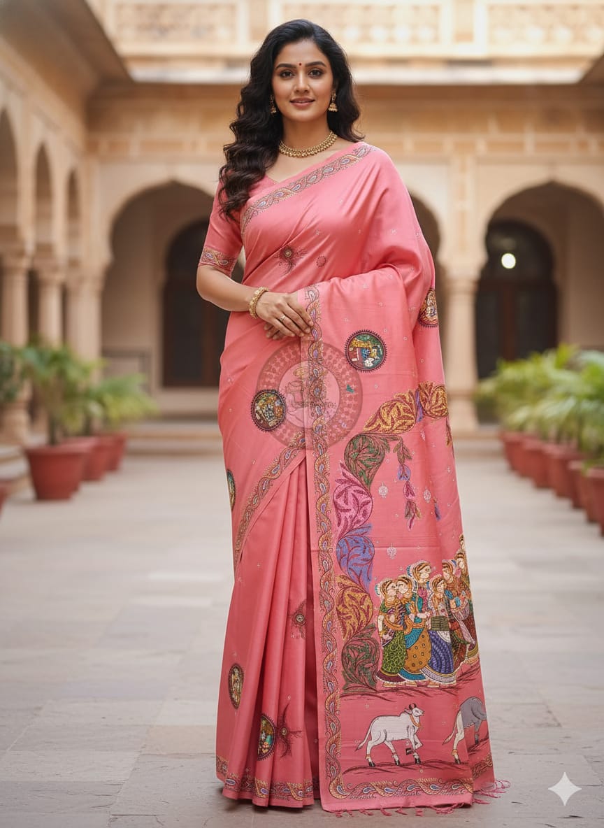Pink Radha Krishna Rasa Theme Pattachitra Khadi Silk Saree