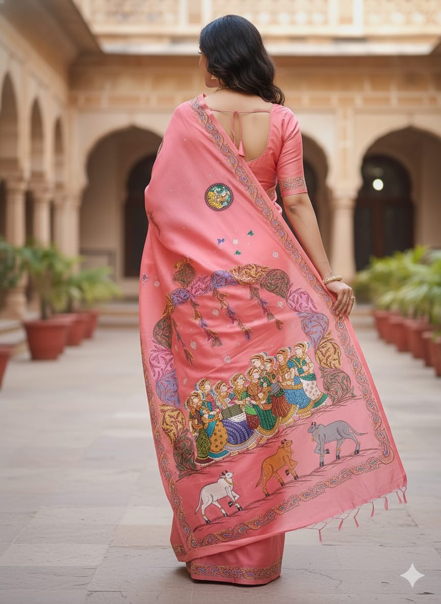 Pink Radha Krishna Rasa Theme Pattachitra Khadi Silk Saree