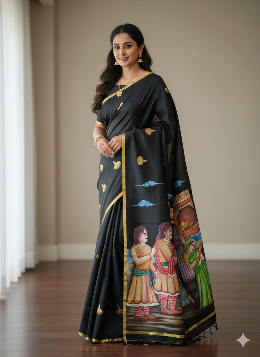 Black Kartika Purnima Theme Pattachitra Sambalpuri Silk Saree