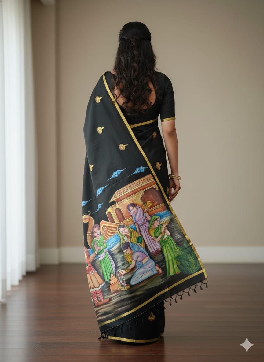 Black Kartika Purnima Theme Pattachitra Sambalpuri Silk Saree