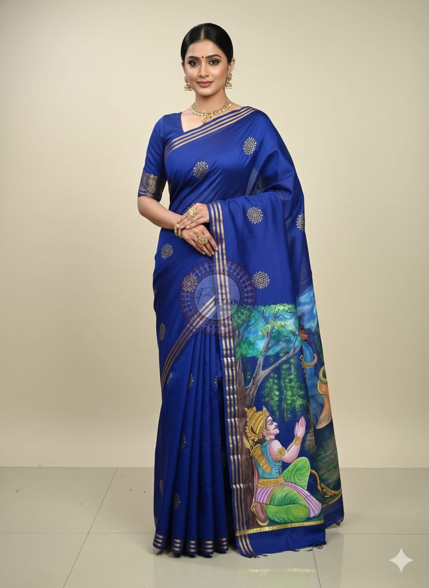 Blue NabagunjaraTheme Pattachitra Kanjeeveram Silk Saree