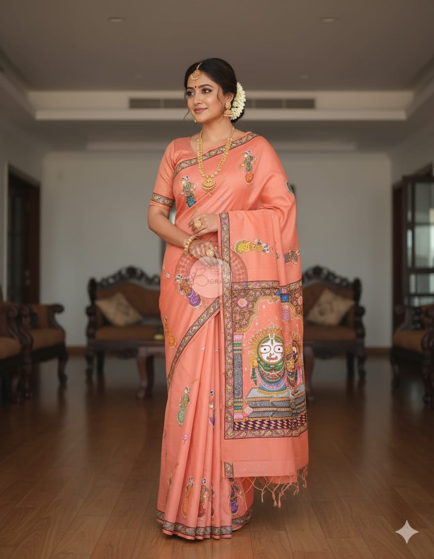 Peach Jagannatha Balabhadra Subhadra Theme Pattachitra Kanjivaram Silk Saree