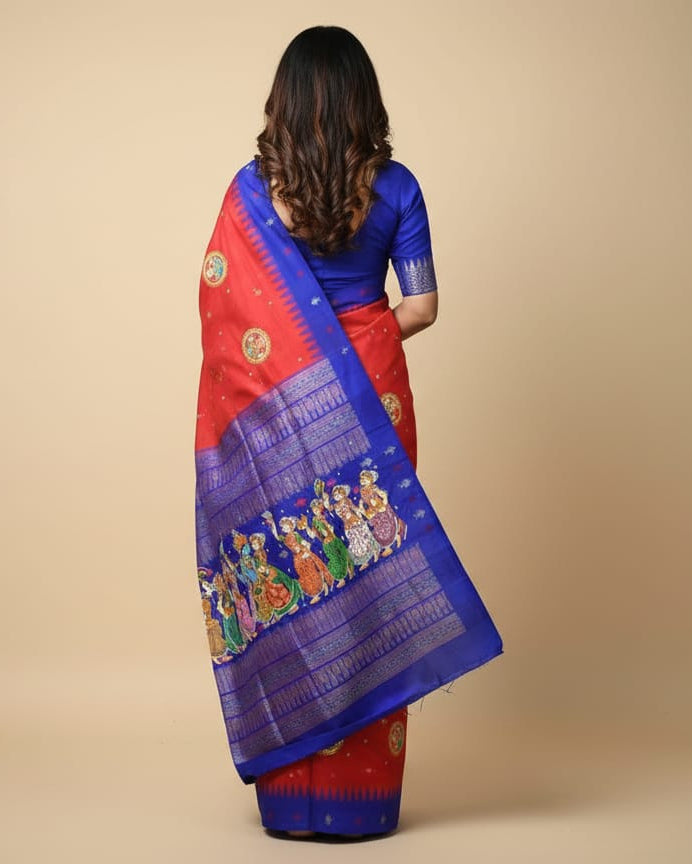 Red Blue Mastya Kachhap With Radha Krishna Rasa Theme Pattachitra Sambalpuri Silk Saree