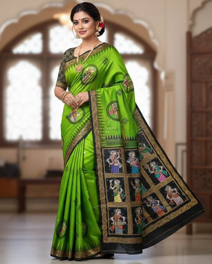 Parrot Green Black Sringara Theme Pattachitra Sambalpuri Silk Saree