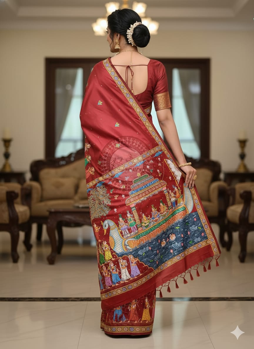 Maroon Boita Bandana Theme Pattachitra Sambalpuri Silk Saree