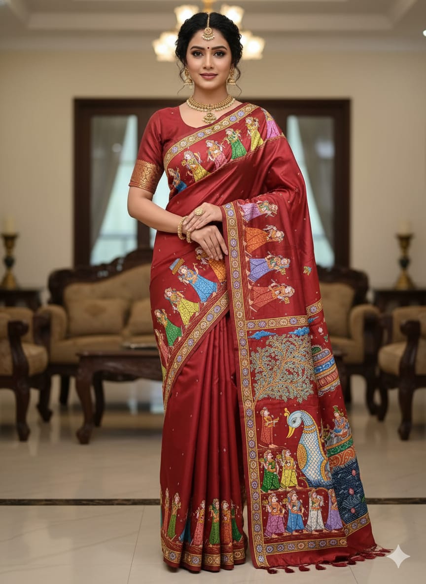 Maroon Boita Bandana Theme Pattachitra Sambalpuri Silk Saree