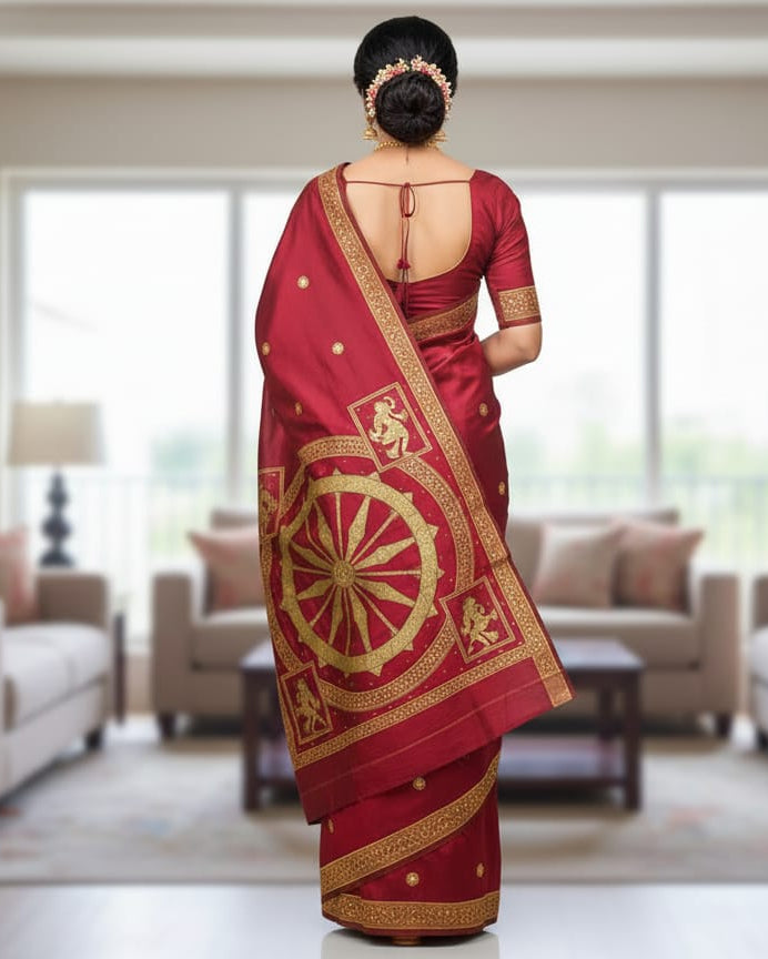 Maroon Konark Wheel Theme Pattachitra Sambalpuri Silk Saree