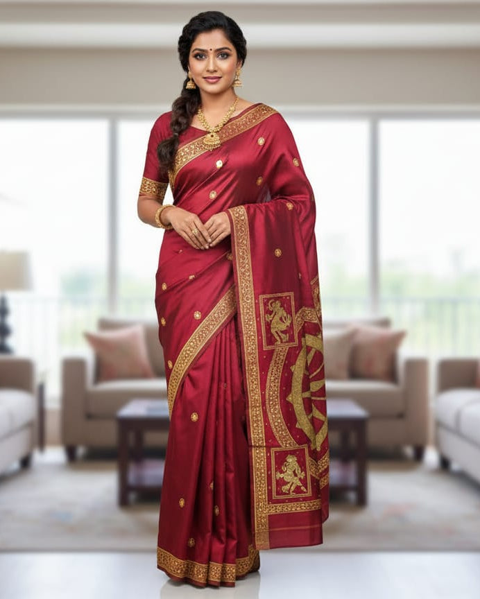 Maroon Konark Wheel Theme Pattachitra Sambalpuri Silk Saree