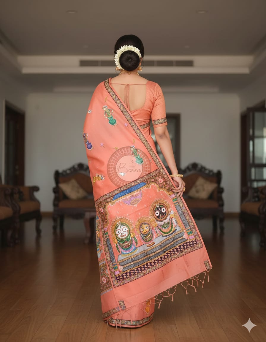 Peach Jagannatha Balabhadra Subhadra Theme Pattachitra Kanjivaram Silk Saree