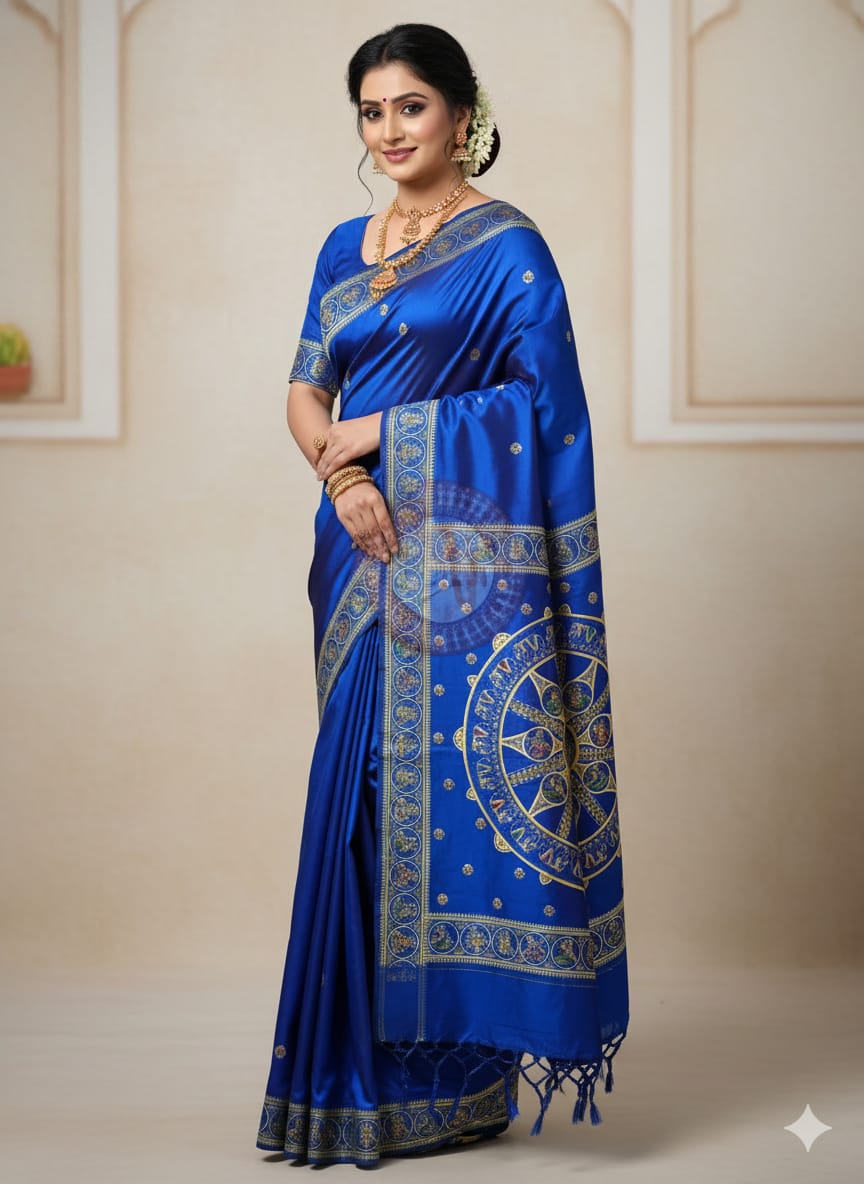 Blue Konark Wheel Theme Pattachitra Sambalpuri Silk Saree