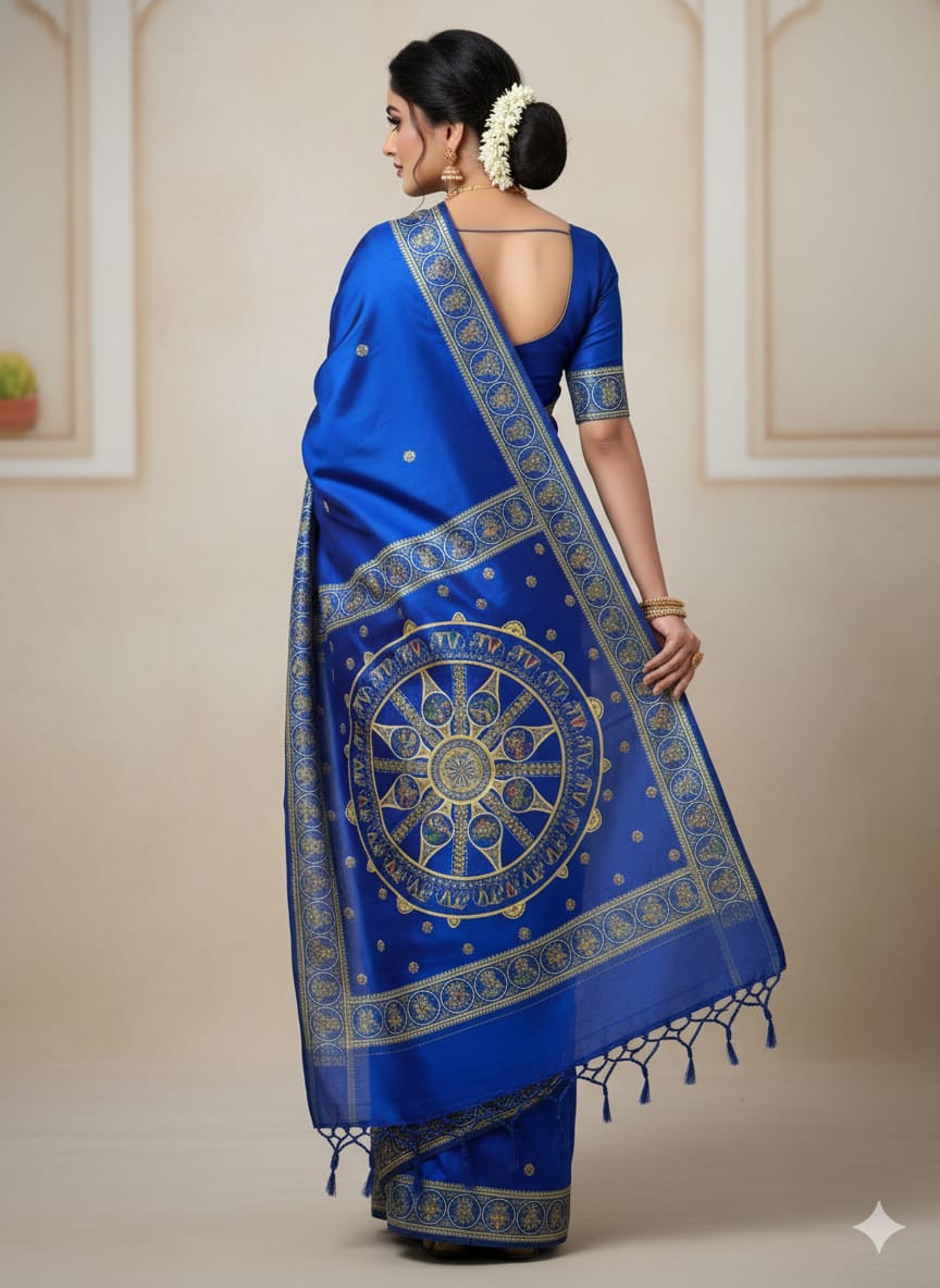 Blue Konark Wheel Theme Pattachitra Sambalpuri Silk Saree