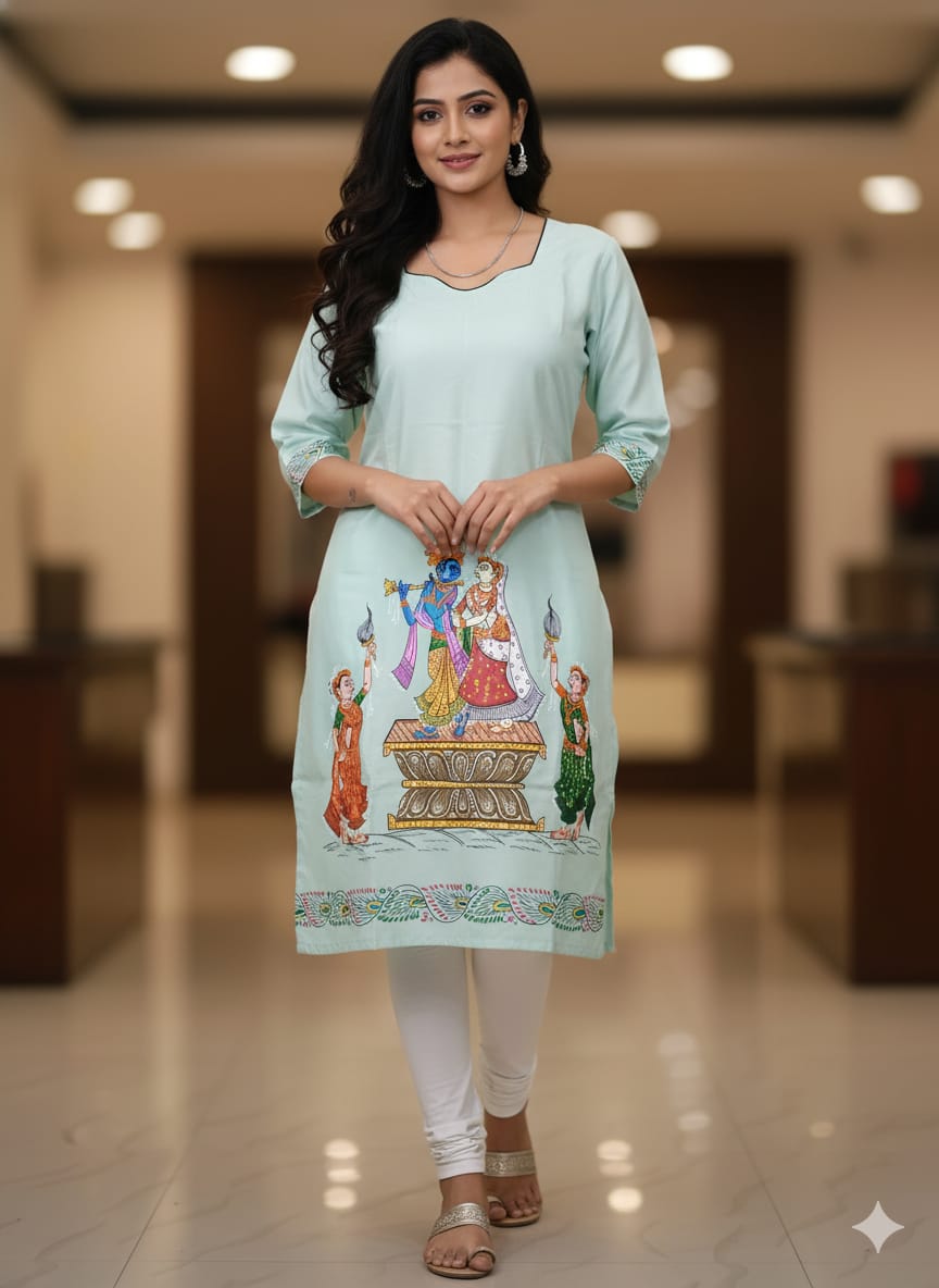 Aqua Radha Krishna Rasa Theme Hand Painted Silk Pattachitra Kurti