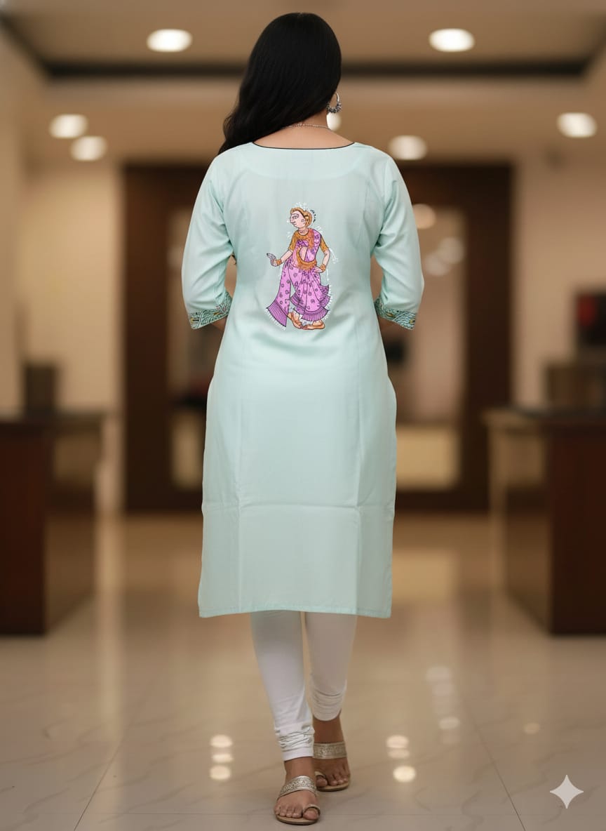 Aqua Radha Krishna Rasa Theme Hand Painted Silk Pattachitra Kurti