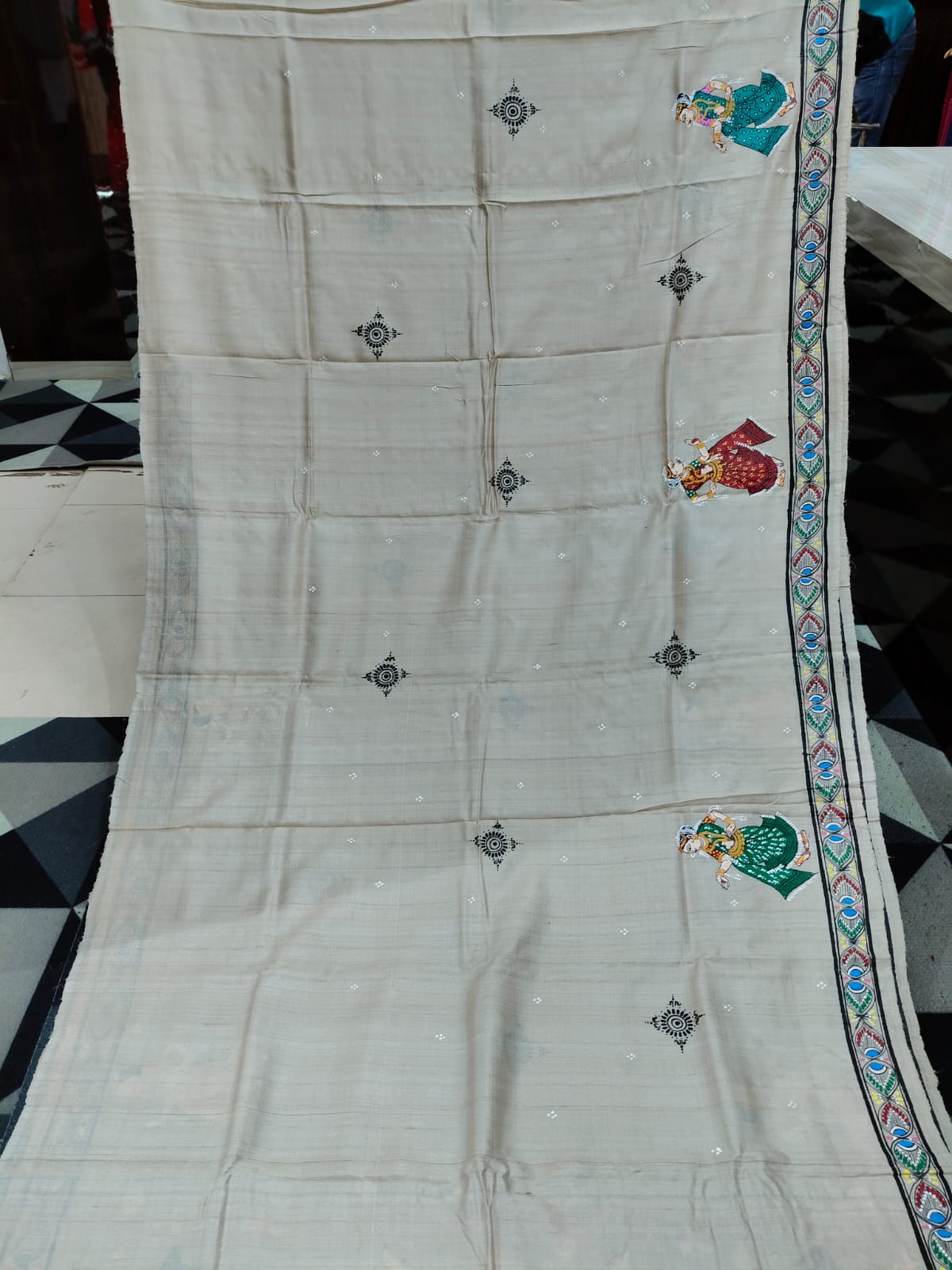 Natural Tusser Radha Krishna Rasa Theme Pattachitra Tussar Silk Saree