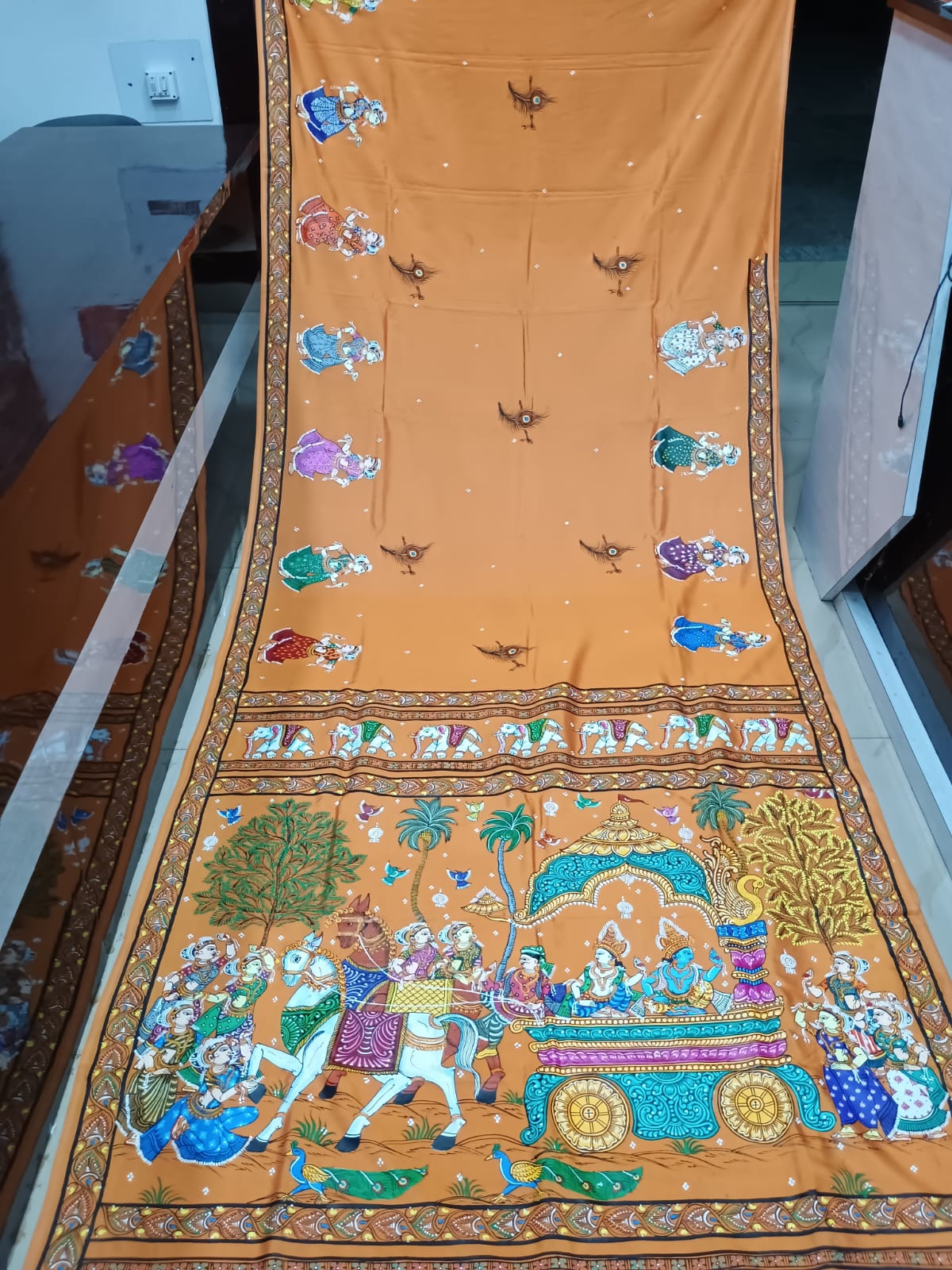 Yellow Mathura Vijay Theme Pattachitra Khadi Silk Saree