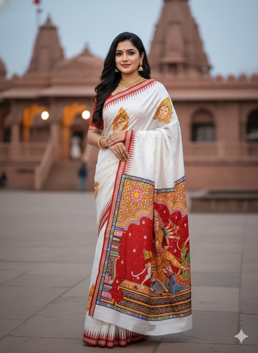 White Red Maa Durga Theme Pattachitra Sambalpuri Silk Saree