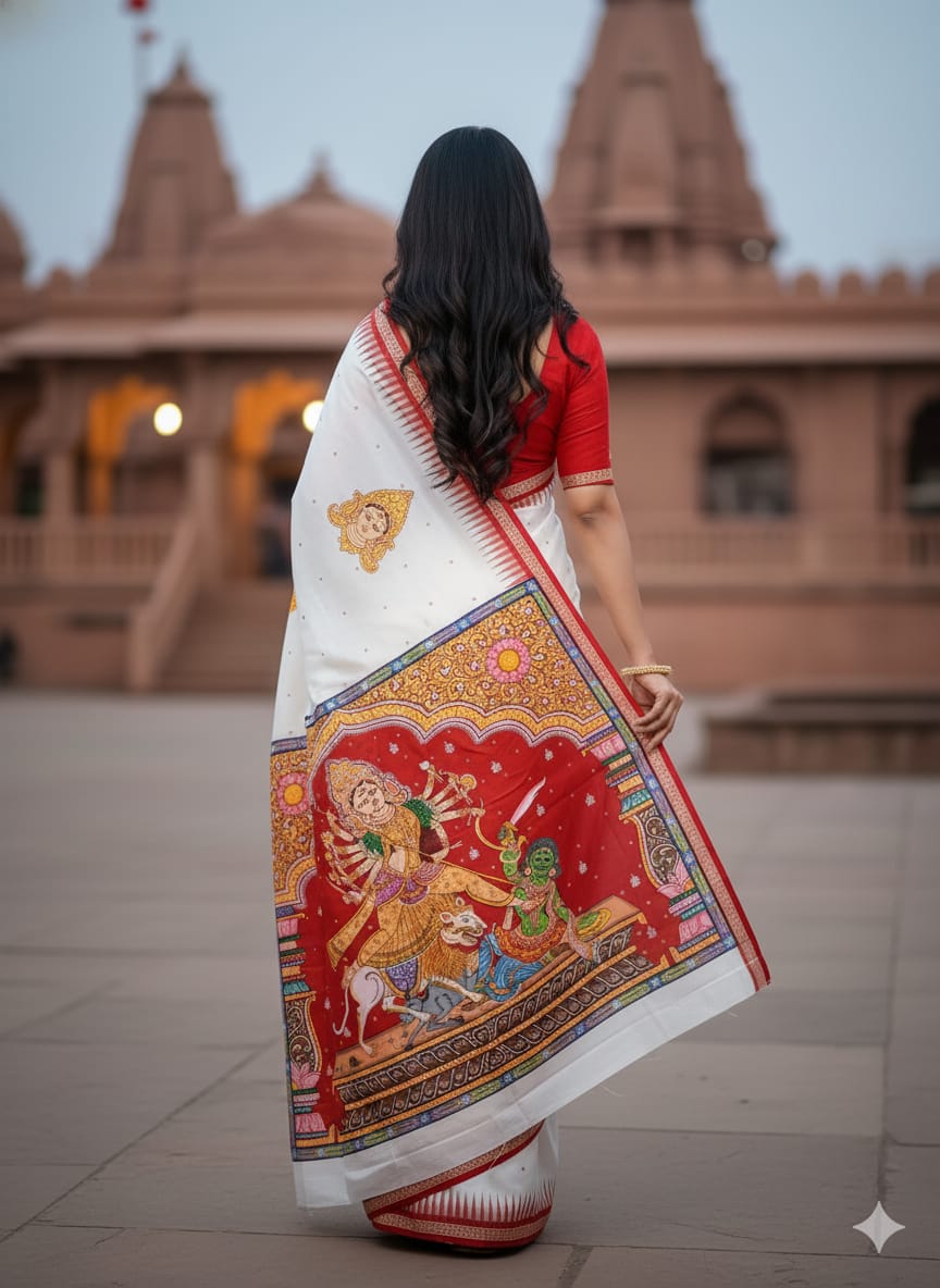 White Red Maa Durga Theme Pattachitra Sambalpuri Silk Saree