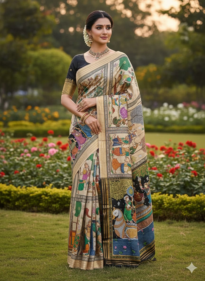 Creame Black All Festival Theme Pattachitra Kanjeeveram Silk Saree
