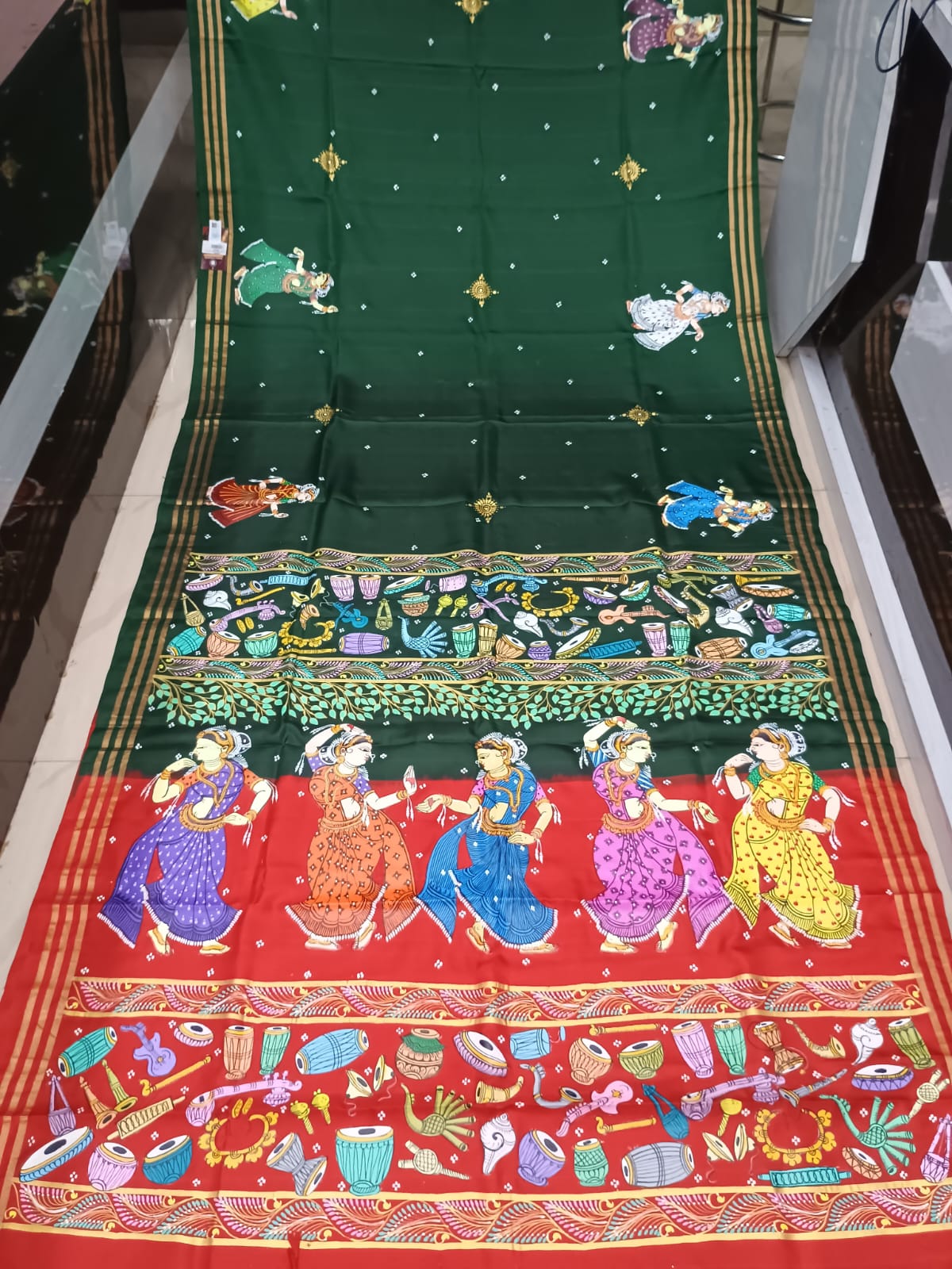 Green Red Musical Instruments And Dancer Theme Pattachitra Kanjeeveram Silk Saree