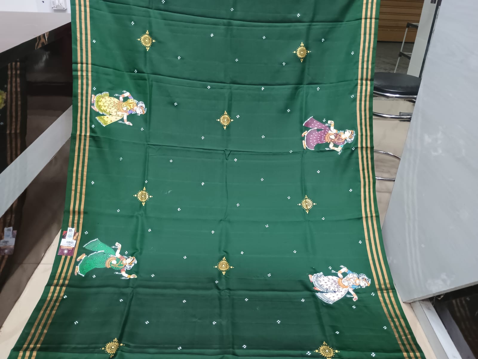 Green Red Musical Instruments And Dancer Theme Pattachitra Kanjeeveram Silk Saree