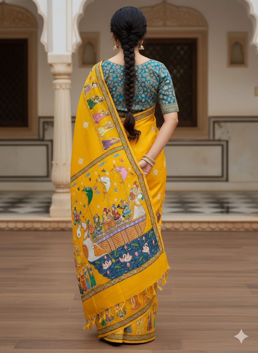 Yellow Boita Bandan Theme Pattachitra Khadi Silk Saree
