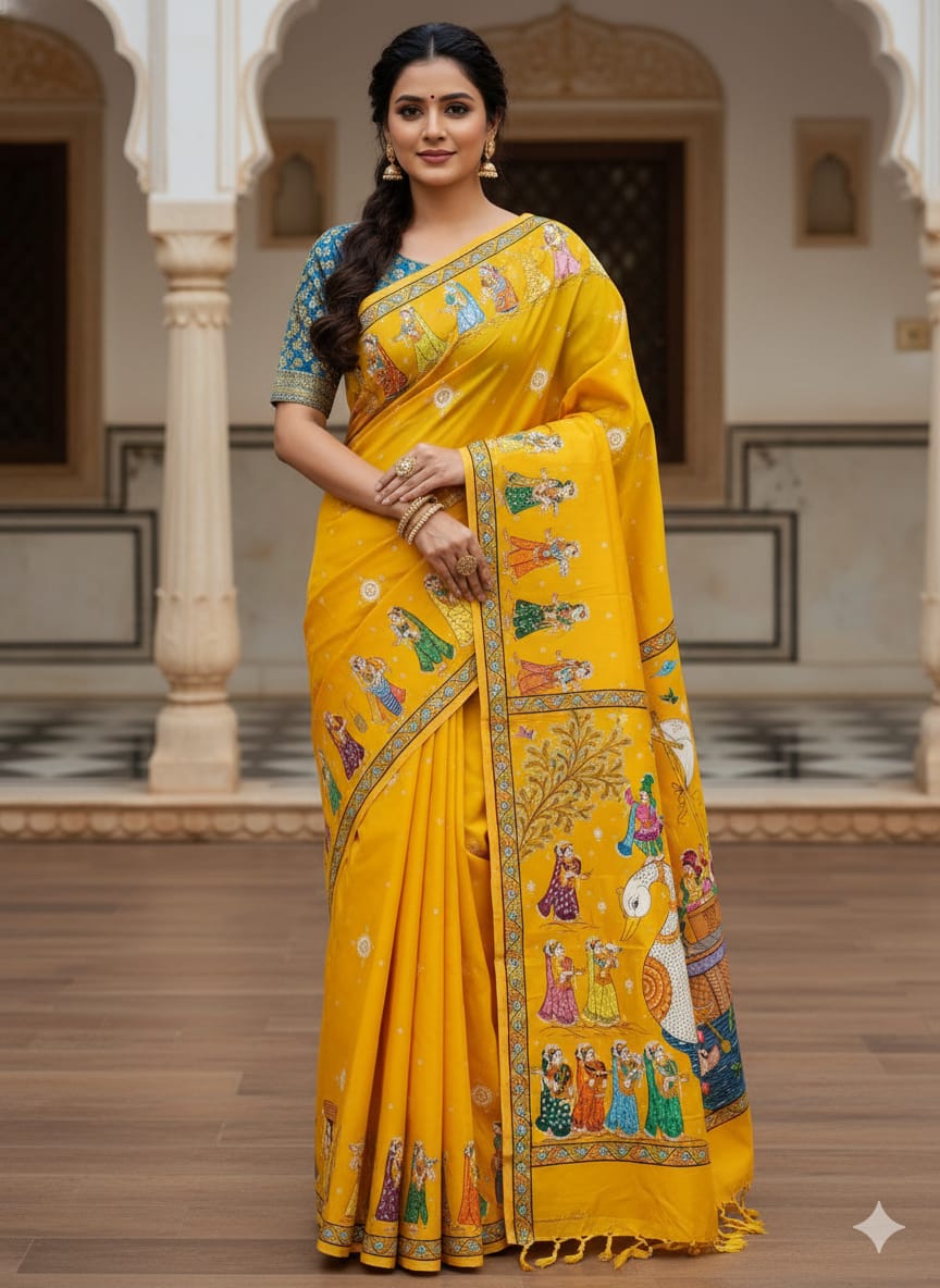 Yellow Boita Bandan Theme Pattachitra Khadi Silk Saree