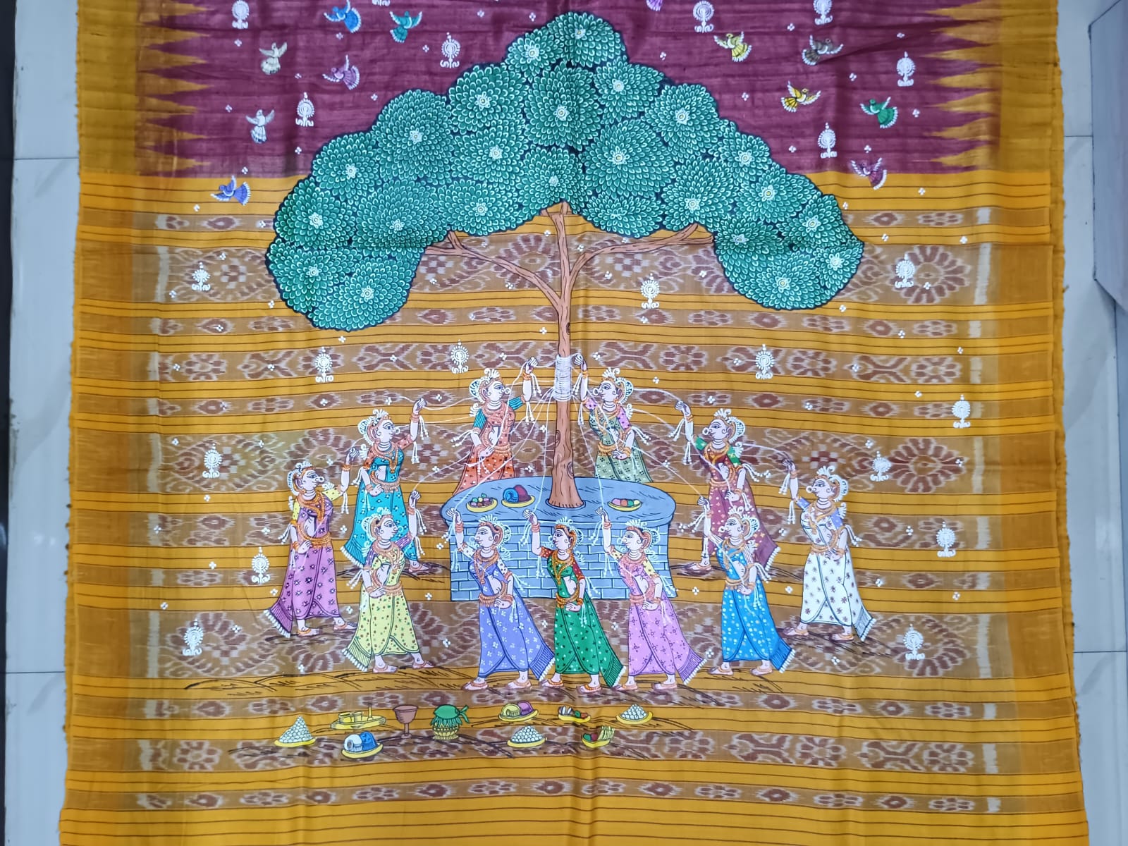 Maroon Yellow Bata Sabitri Theme Pattachitra Tussar Silk Saree