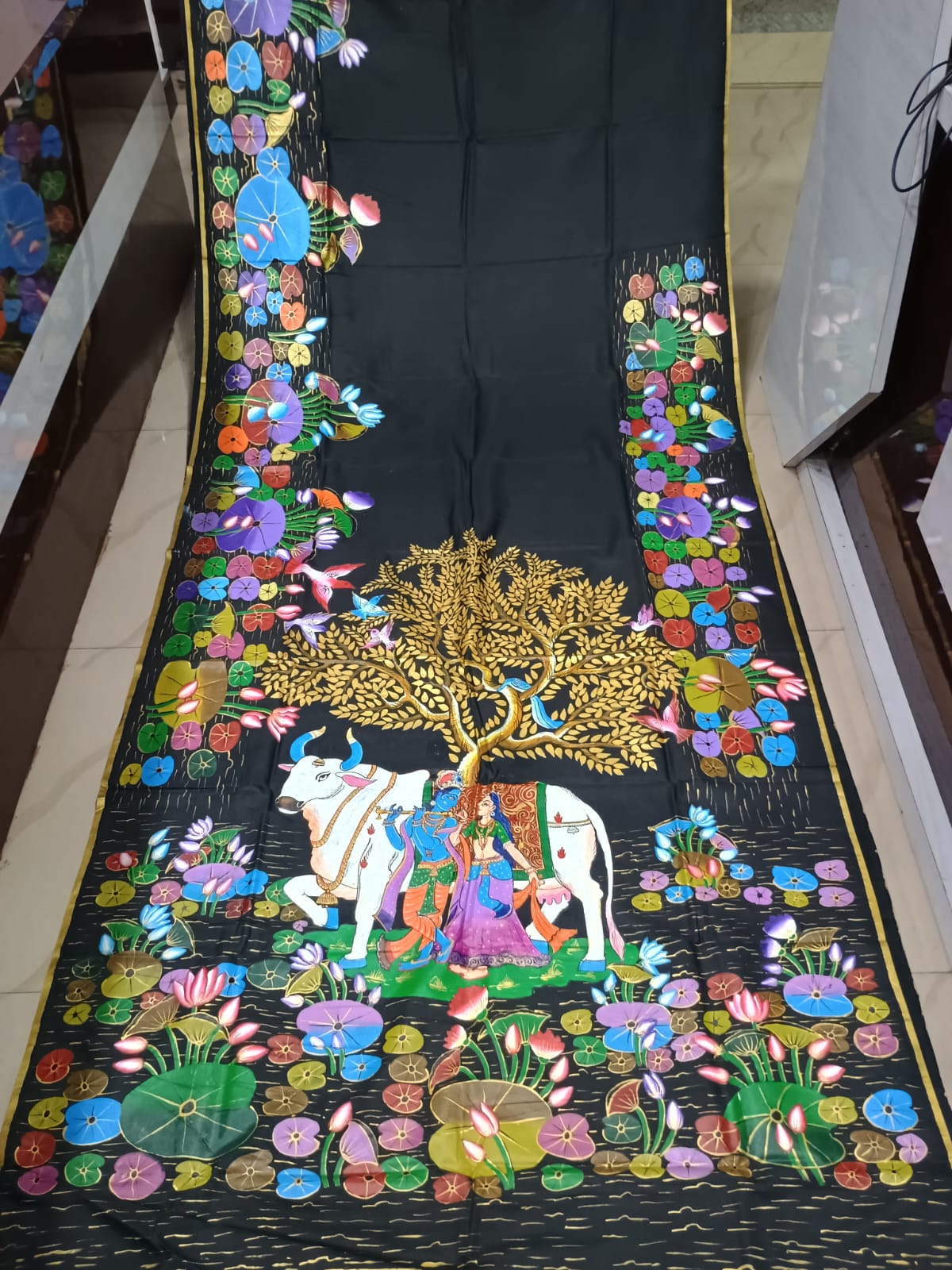 Black Kamadhenu With Lord Krishna Morden Art Theme Pattachitra Khadi Silk Saree