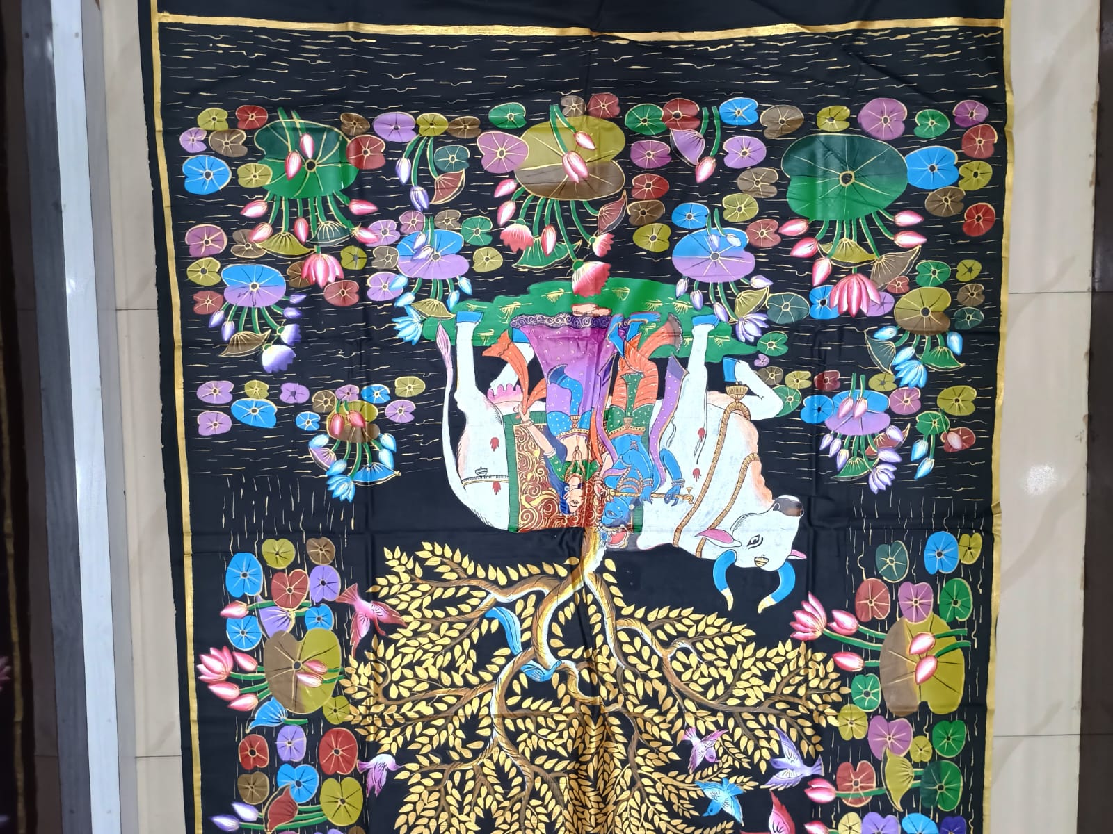 Black Kamadhenu With Lord Krishna Morden Art Theme Pattachitra Khadi Silk Saree