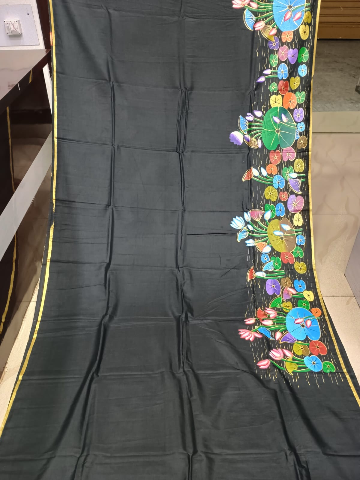 Black Kamadhenu With Lord Krishna Morden Art Theme Pattachitra Khadi Silk Saree