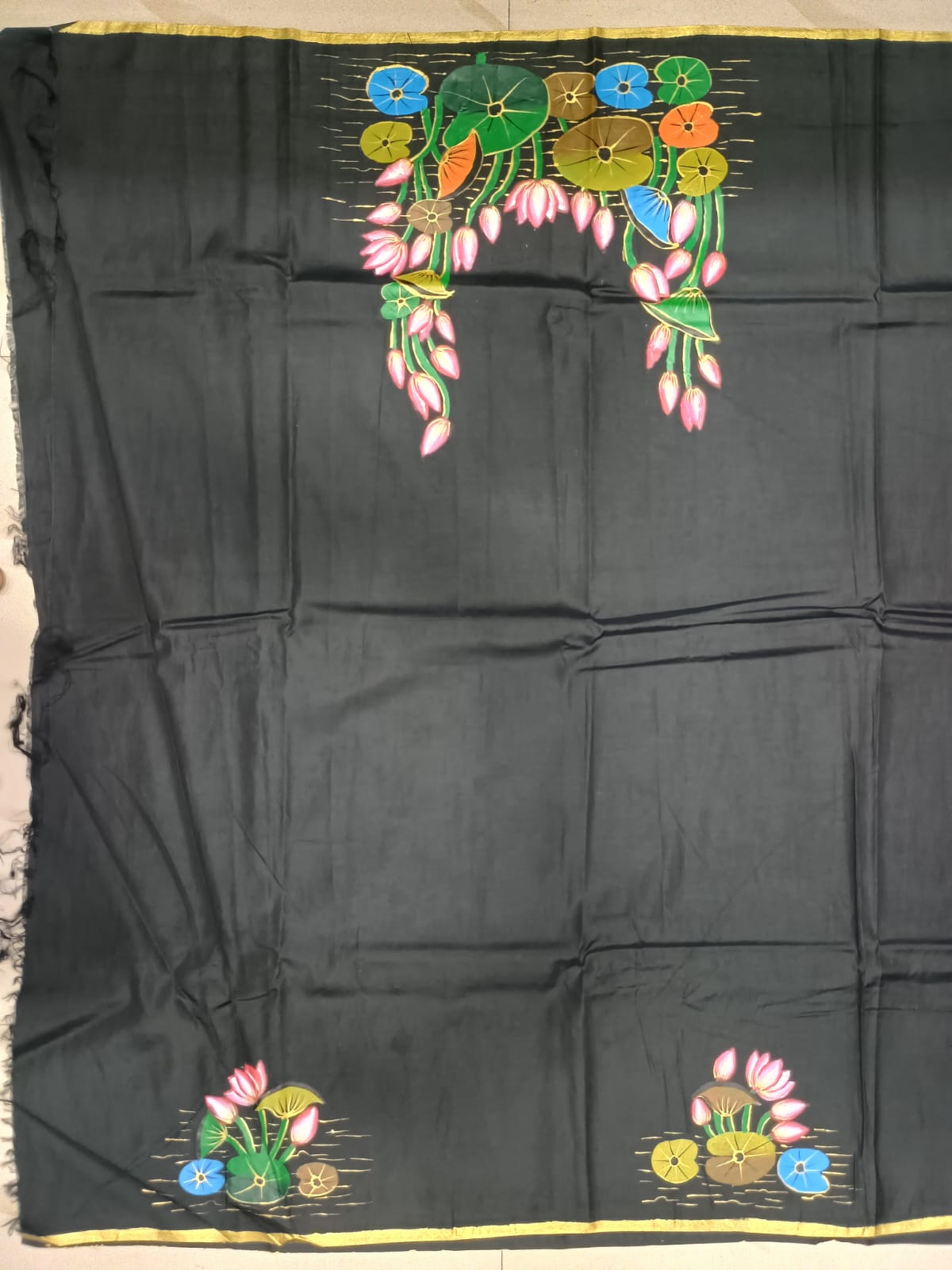 Black Kamadhenu With Lord Krishna Morden Art Theme Pattachitra Khadi Silk Saree
