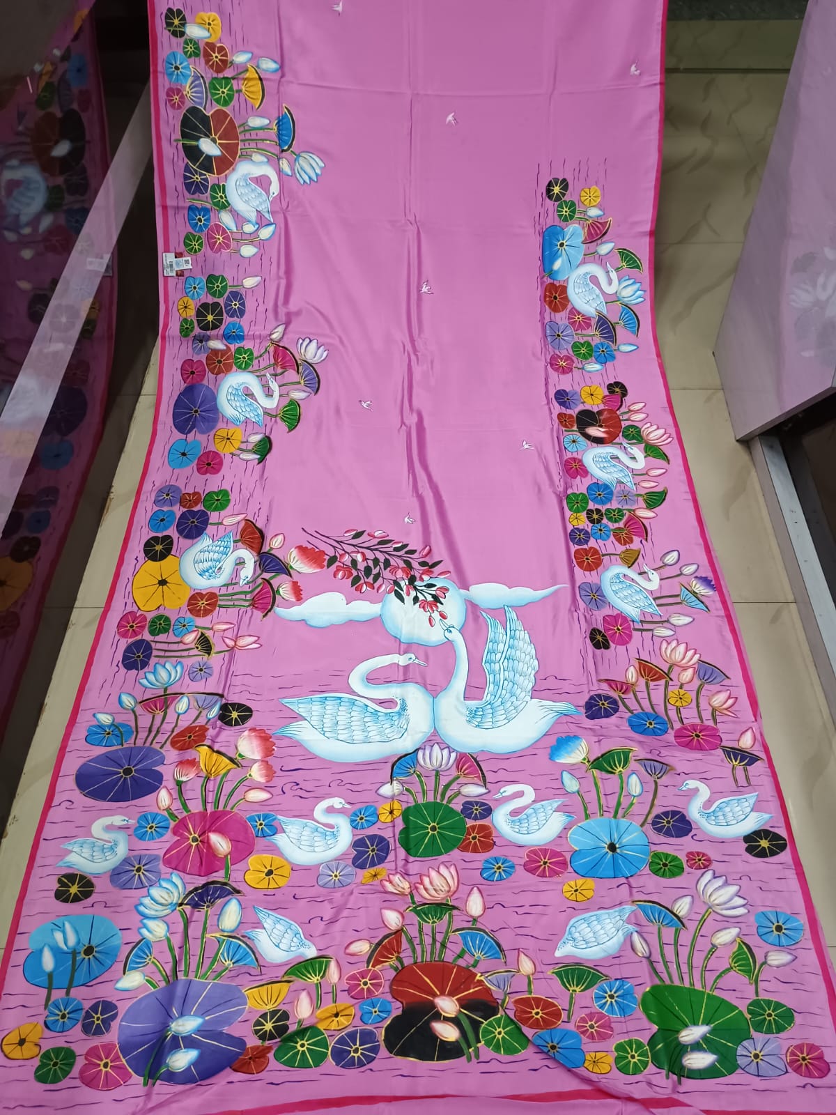 Pink Water Lily And Swan Morden Art Theme Pattachitra Khadi Silk Saree