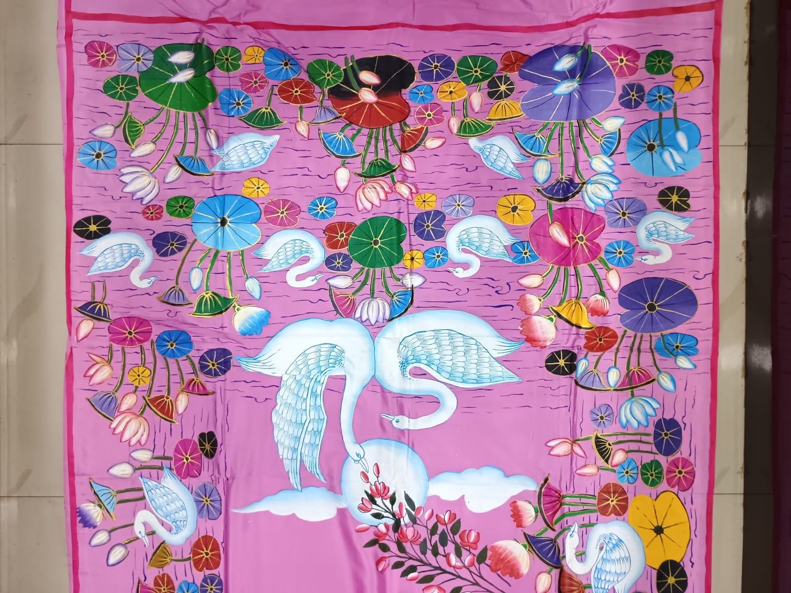Pink Water Lily And Swan Morden Art Theme Pattachitra Khadi Silk Saree