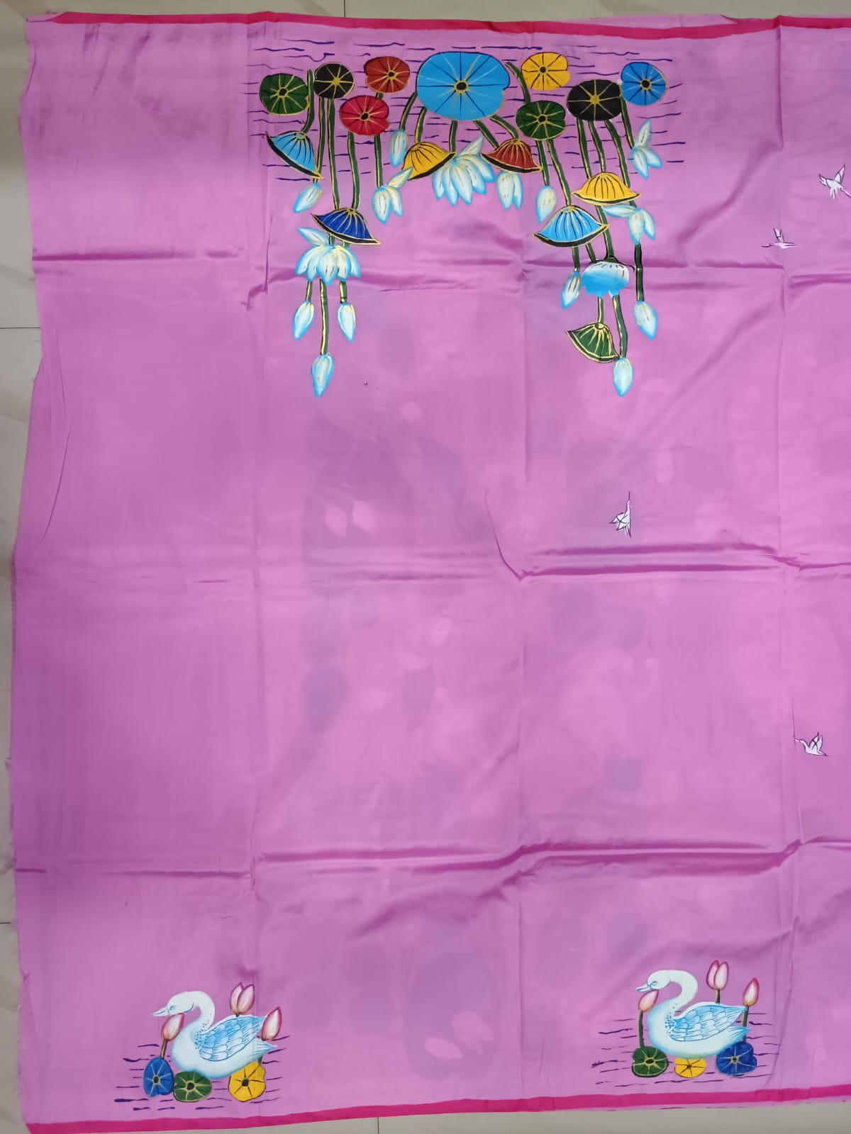 Pink Water Lily And Swan Morden Art Theme Pattachitra Khadi Silk Saree