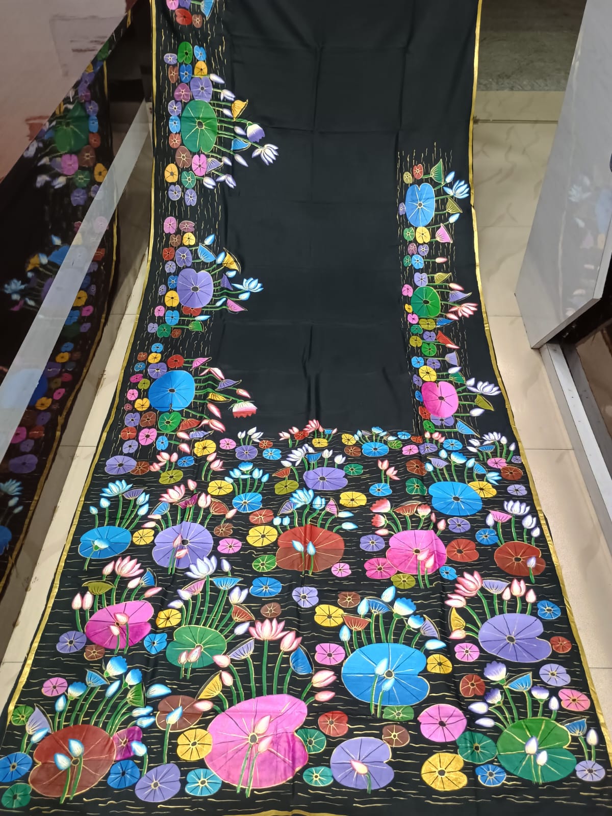 Black Water Lily Morden Art Theme Pattachitra Khadi Silk Saree