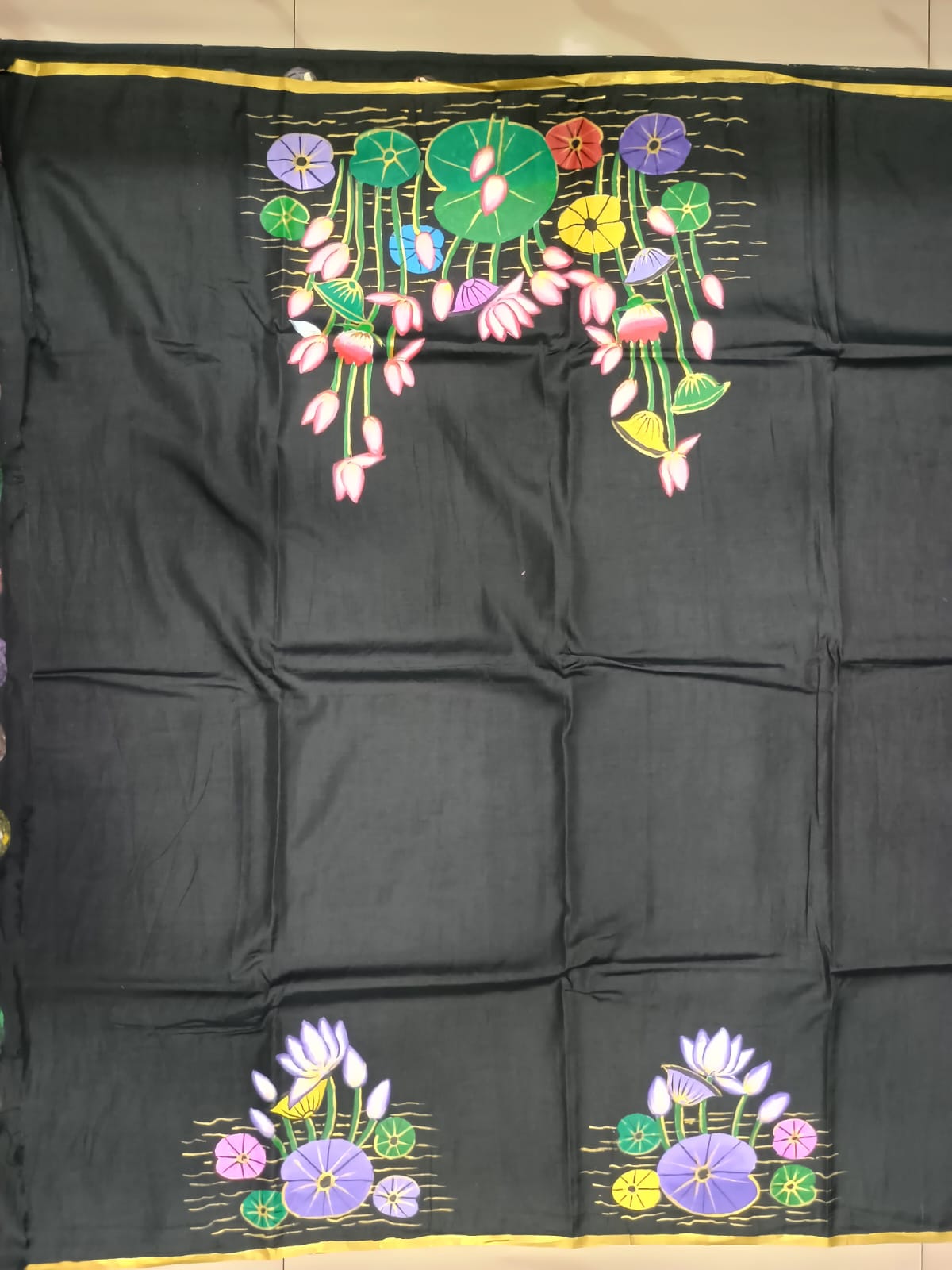 Black Water Lily Morden Art Theme Pattachitra Khadi Silk Saree