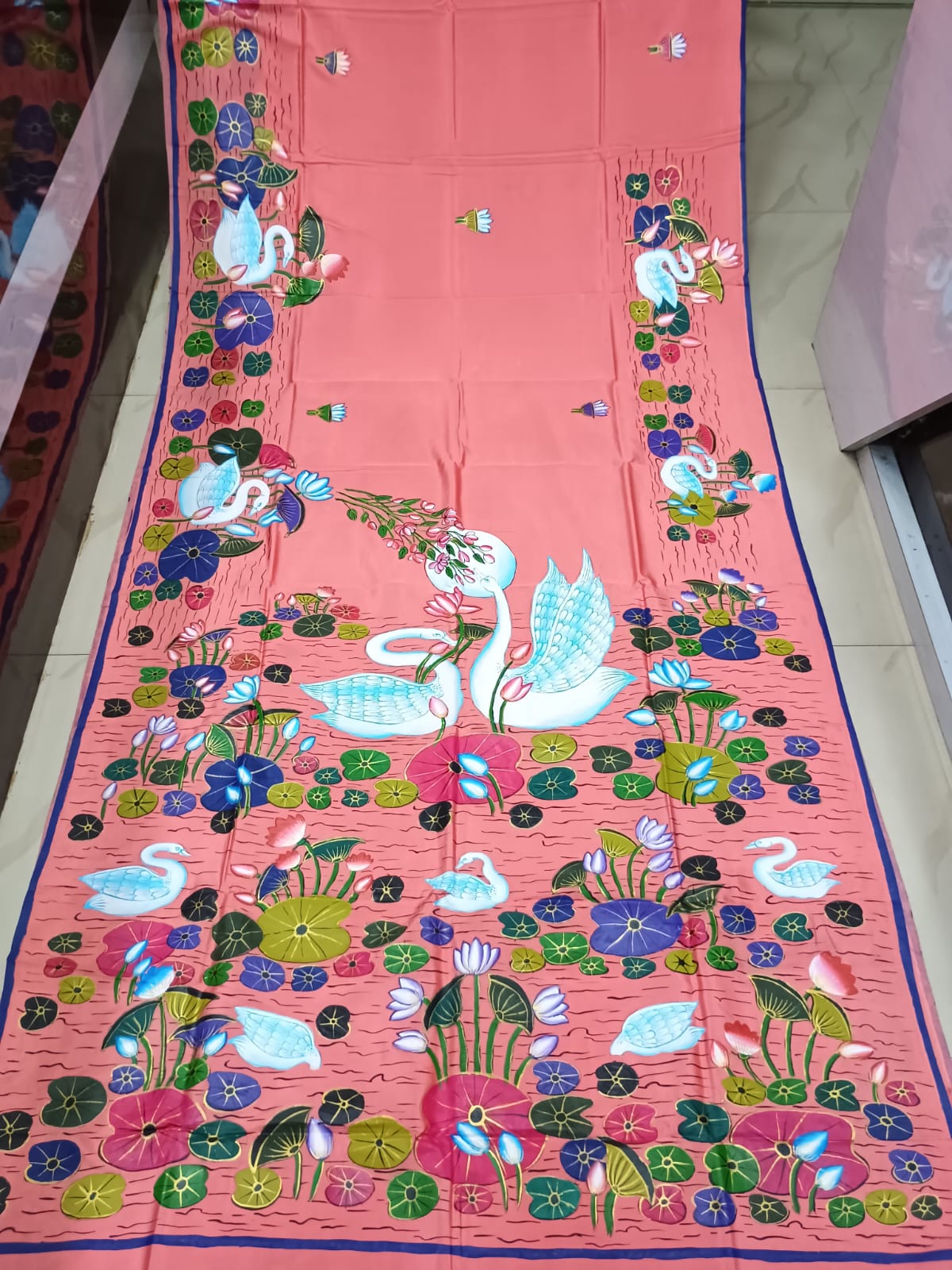 Peach Water Lily And Swan Morden Art Theme Pattachitra Khadi Silk Saree