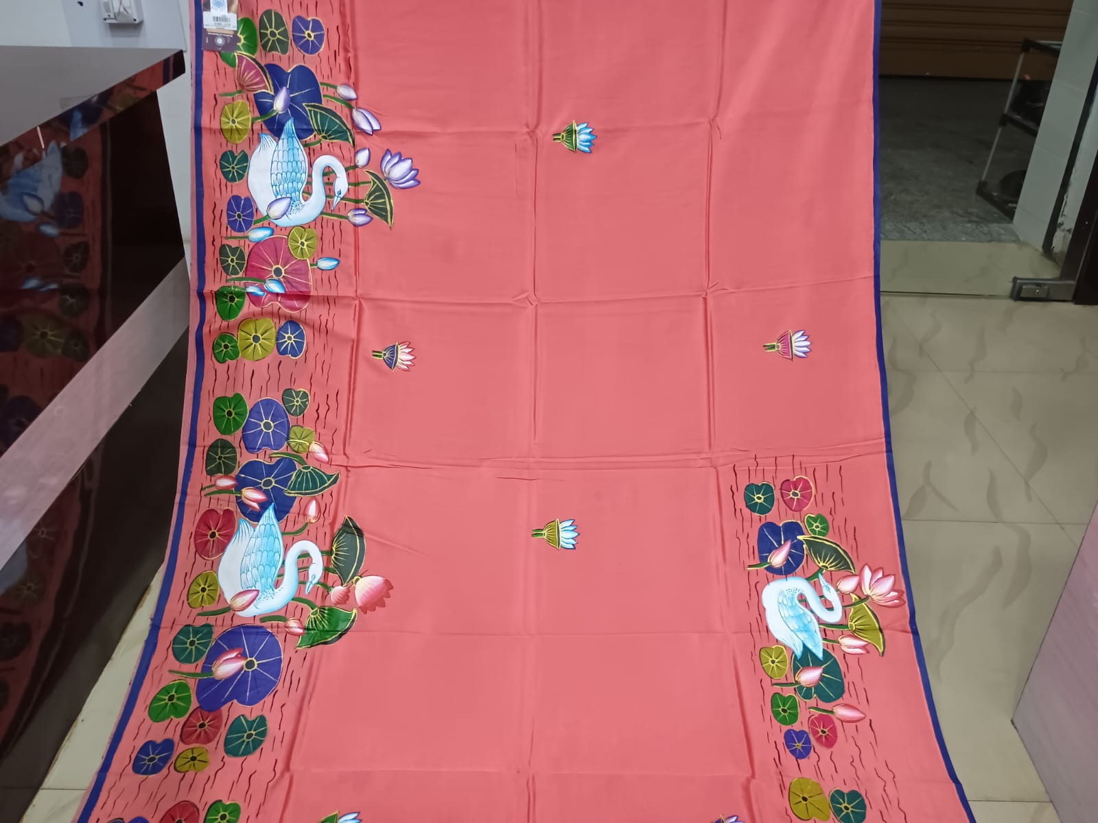 Peach Water Lily And Swan Morden Art Theme Pattachitra Khadi Silk Saree